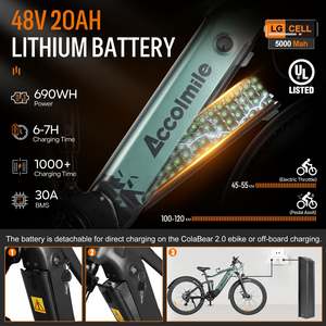 Bicicleta Eléctrica Accolmile 2024 Cola Bear Verde/Negra 27.5/29 Pulgadas 48v 20ah Motor Central 840wh 750w Potencia 60km de Autonomía Integrada - Product Image 5