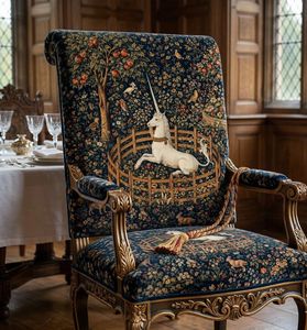 Tissu d'ameublement imprimé élégant « La Licorne en Captivité » au mètre, inspiré du monde féerique médiéval - Product Image 1
