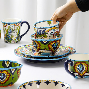 Juego de Vajilla de Cerámica Estilo <span class=keywords><strong>Talavera</strong></span> Español de 4 Piezas, Diseño Floral Bohemio Pintado a Mano, Vajilla de Estilo Español de 4 Piezas - Product Image 5