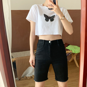 Shorts en jean noir délavé Huanqiu pour femme, ourlet effiloché, taille haute, coupe droite, décontracté, pour l'été - Product Image 2