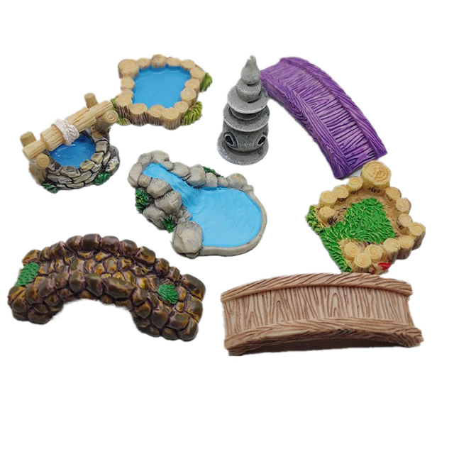 Miniature Resin Garden Decor Set Micro Landscape Lighthouse Water Well Pool Bridge Grassland Ornaments