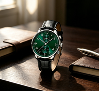 Montre automatique chronographe pour homme, cadran vert, bracelet en cuir véritable, montre-bracelet à remontage automatique