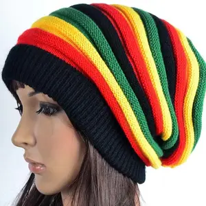 Jamaica Reggae Style Frauen Männer Premium Winter Warm Stripe Knit Bunte Mütze Slouchy Baggy Rainbow Beanie Hat