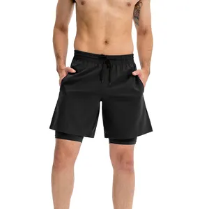 2023健身运动短裤男士运动层健身汗衫短裤带手机口袋双人男子二合一跑步短裤带衬里