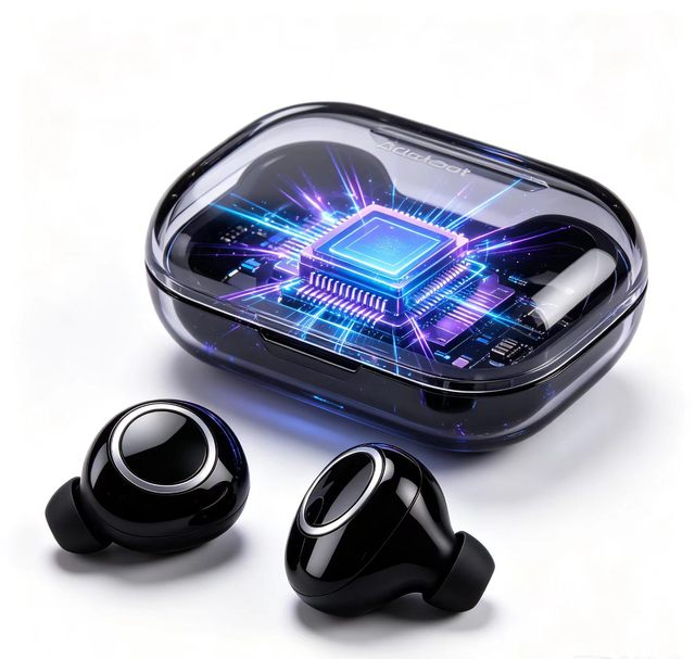 Gloss Black Mini Wireless Earbuds, Transparent Charging Case with Burst Blue Purple Core Chip Light
