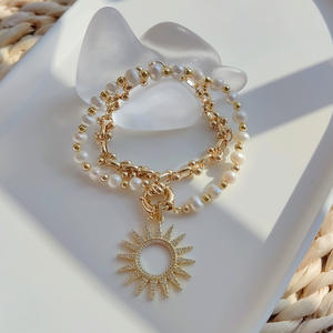 Nische Design Sense Micro Diamond Sun Anhänger Natürliche Perle Kupfer Vergoldete Kette Perlenkette Edelstahl - Product Image 3