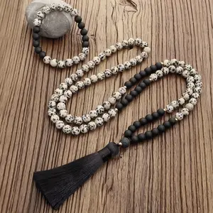 New Muslim Yoga Tassel Necklace Clothing Accessories 108 Round Speckled Dalmatain Jasper Stone Bracelet Necklace Set