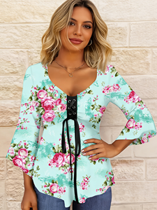 SWEET BABE เสื้อเชิ้ตผู้หญิงไซส์ใหญ่สีเขียวมิ้นท์ คอวี แขนสั้น ลายดอกไม้สามส่วน สำหรับฤดูใบไม้ผลิและฤดูใบไม้ร่วง - Product Image 1