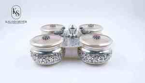 Ensemble de boîtes à fruits secs en argent pur 925 avec 4 contenants, ensemble de service de collations en argent indien artisanal, cadeau de luxe pour la maison - Product Image 3