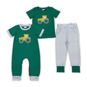 En stock : Vêtements assortis pour garçons, motif tracteur brodé vert, style boutique pour tout-petits, nouvelle collection, vente en gros - Product Image 1
