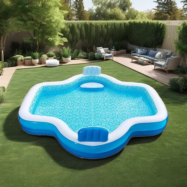 2 Rings Cloud-Shaped Blue Large Family Swimming Pool Outdoor Inflatable Swimming Pool with Lounge Summer Kids Pool