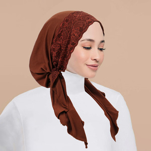 Dentelle Patchwork Elastic Tie Back Inner Caps Jersey Stretchy <span class=keywords><strong>Hijab</strong></span> Under Cap Muslim Women Soft Head Wrap <span class=keywords><strong>Bonnet</strong></span> Turban - Product Image 1
