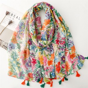 Thin Densely Woven Scarf <b>Shawl</b> With a Fresh Colorful Plant and Floral Pattern Perfect for Spring Summer Features a Tassel Trim - Product Image 5