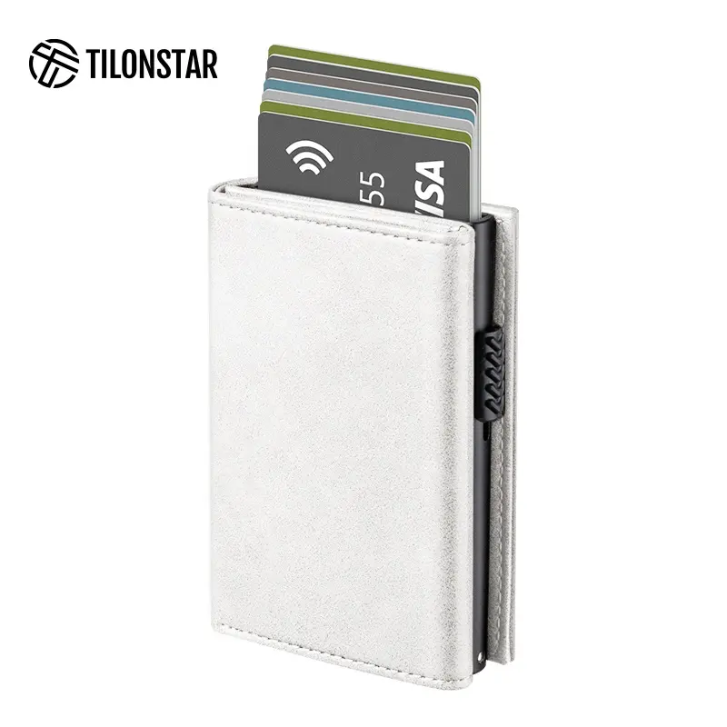टिलोनस्टार Tvc302 कार्ड केस रैफिड सफेद चमड़े के एल्यूमीनियम वॉलेट कार्ड रक्षक पॉप अप क्रेडिट कार्ड धारक पॉप अप क्रेडिट कार्ड धारक
