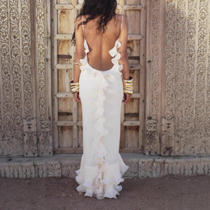 Robe <span class=keywords><strong>longue</strong></span> de <span class=keywords><strong>soirée</strong></span> moulante à bretelles et volants, style européen et américain pour femmes - Product Image 4