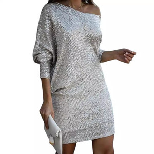 Off-Shoulder <b>Sequin</b> Dress Women Elegant Midi Evening Gown Natural Waistline Hot Stamping Gold One Shoulder Party Dress - Product Image 3