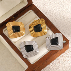 Geometric <b>Stud</b> <b>Earrings</b> With <b>Black</b> Stone Bezel Setting For Women Party Fashion Jewelry Silver And Gold Tone - Product Image 1