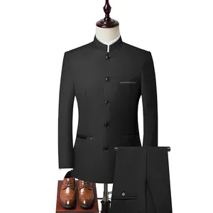 男士黑色中国传统立领2件长款男士唐子外套连衣裙套装