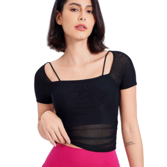Aoyema Best Selling Ladies Active Fitness Wear Fixed Padded Short Sleeve Mesh Shirt Gym Sports T Shirt Bra Mesh Yoga Tops
