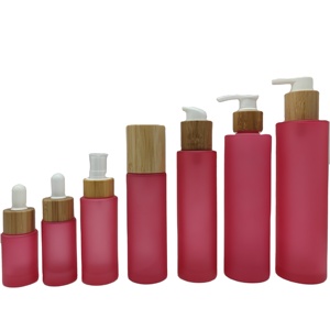 Flacon en verre <span class=keywords><strong>rouge</strong></span> givré avec pompe pulvérisateur compte-gouttes en bambou, 20 ml, 30 ml, 50 ml, 100 ml, 120 ml, 150 ml, 200 ml - Product Image 1