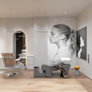 Chaise <span class=keywords><strong>de</strong></span> barbier en bois sur mesure avec miroir LED en arc, design moderne minimaliste pour <span class=keywords><strong>salon</strong></span> <span class=keywords><strong>de</strong></span> coiffure féminin, design d'intérieur complet - Product Image 3