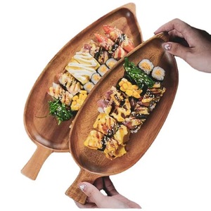 Pengzhan Japanese Style Wooden <b>Tray</b> Acacia Wood Leaf Shape With Handle For Tea <b>Snacks</b> Sushi Serving - Product Image 3