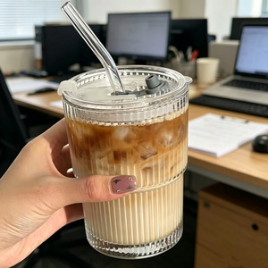 Glass Drink Cup With Lid And Straw For Coffee Office Use Solid Color Single Cup - Product Image 2