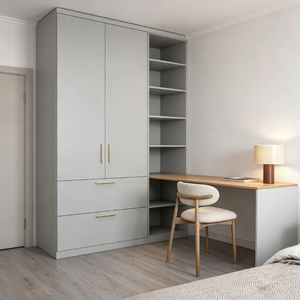 <span class=keywords><strong>Armadio</strong></span> su Misura Grigio e Legno <span class=keywords><strong>con</strong></span> Scrivania Integrata e Mensole Aperte per Progetti di Appartamenti e Hotel - Product Image 3