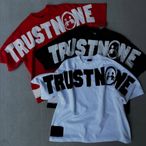 T-shirt court personnalisé pour hommes, été, Streetwear, coton lourd appliqué, broderie en détresse, coupe carrée - Product Image 1