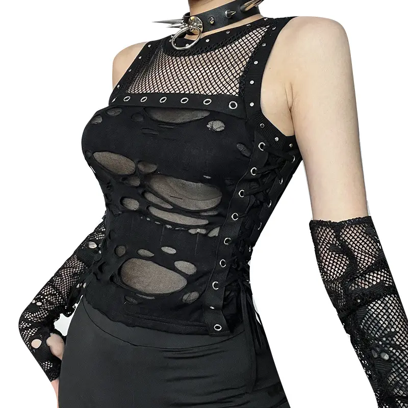 Gothic Vest Women Sexy Hole See Through Lace-up Crop Tank Tops Streetwear Cyber Punk New Fashion Rave Outfits Femme