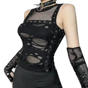 Gilet gotico da donna Sexy con foro vedere attraverso canotte stringate con lacci Streetwear Cyber Punk nuovi abiti da donna