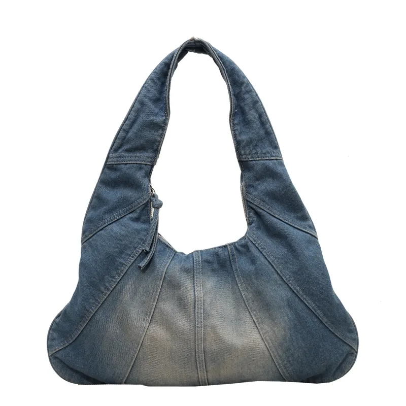 Özel logo eko kadın askılı omuz çantası yumuşak Tote kadınlar için büyük patchwork denim koltukaltı çanta Bolsa de la compra