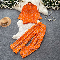 Ensemble de 2 pièces pour femmes, imprimé floral d'été, chemise à manches courtes boutonnée, pantalon large, ensemble assorti décontracté pour les vacances