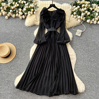 Robe décontractée élégante pour femme, à volants, col en V, manches longues lanternes, plissée, coupe trapèze, avec ceinture, pour le quotidien et les soirées