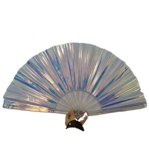New Arrival High Quality Durable Custom Printed Cool Iridescent Reflective Neon Plastic Rib PVC Large <b>Hand</b> <b>Fan</b> Purple - Product Image 2