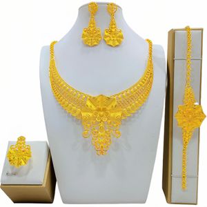 Gold Plated Jewelry <b>Set</b> Necklace Earrings Ring <b>Bracelet</b> Women's Wedding Luxury Floral Style 22k Gold Plated Fine Jewelry - Product Image 5