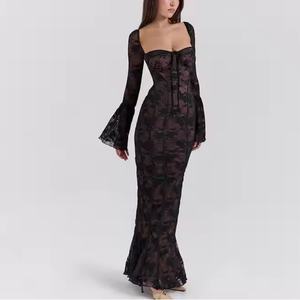 เดรสลูกไม้ฤดูใบไม้ร่วงแบบใหม่ ราคาถูก คุณภาพสูง แขนยาว คอเหลี่ยม เปิดหลัง ทรงเข้ารูป ยาวแบบแม็กซี่ สำหรับผู้หญิง - Product Image 2