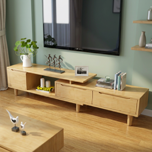 Meuble TV extensible en bois massif de style scandinave moderne avec tiroirs de rangement et étagère pour salon - Product Image 2