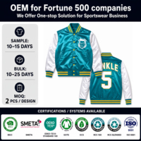 Veste bomber varsity pour homme, style rétro inspiré du cinéma, avec logo personnalisé TF, en satin blanc et bleu sarcelle, boutonnée, avec motif de personnage sportif.