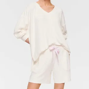 Custom Logo 2 Piece Bamboo Viscose Cotton Modal Rib Shorts Outfit 2pc Pajama Sets Cozy Loungewear For Women