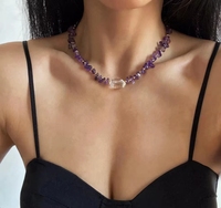 Collar Boho con Piedras Naturales, Amatista en Trozos y Colgante de Cristal de Cuarzo, Gema Morada con Cuentas, Regalo para Él o Ella
