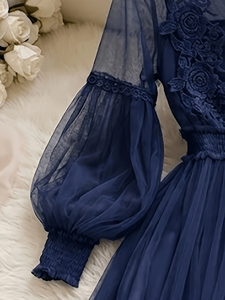 Robe mi-longue en tulle bleu marine pour femme, manches longues, appliques en dentelle florale, col haut, coupe trapèze, robe de soirée - Product Image 3