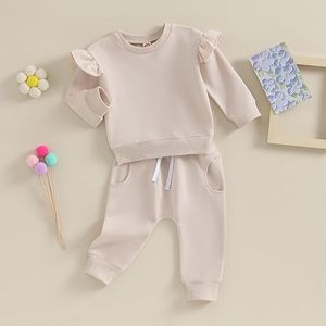 Set di vestiti per neonata, <span class=keywords><strong>felpa</strong></span> con maniche arricciate + pantaloni, 2 pezzi, completo in morbido cotone per abbigliamento casual per neonati - Product Image 4