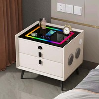 Mesita de Noche Multifuncional de Cuero con Luz Ambiental RGB, Cerradura con Huella Dactilar, Cargador Inalámbrico y Altavoz Bluetooth
