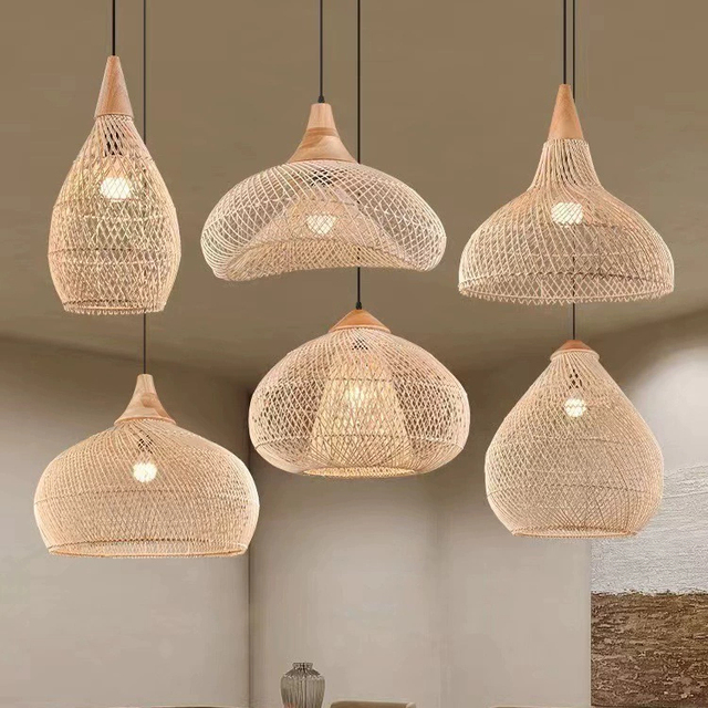 Rattan Material Furniture Lamp 40W Power Ceiling Light Hanging Light Pendant Lamp E27 Chandelier Wicker Pendant Handmade Bamboo