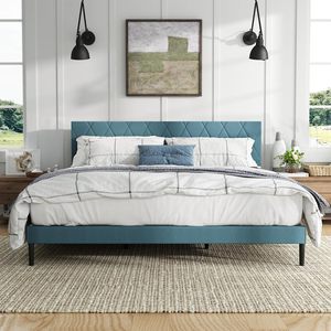 Каркас кровати размера «<span class=keywords><strong>King</strong></span>-Size» с бархатной обивкой, на платформе, с прочными планками, матрац-основа, легкая сборка, Аквамарин - Product Image 1