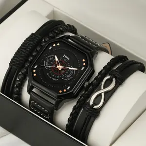 6261 Square Dial Leather Watch For Men Luxury Quartz Watches Men's Wrist Watch & Vintage 4pcs Bracelets Sets