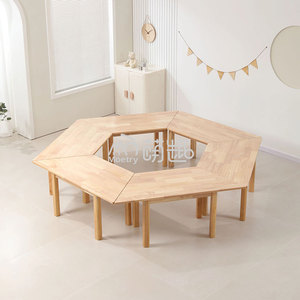 Moetry Meubles <span class=keywords><strong>en</strong></span> bois pour la sécurité préscolaire Tables trapézoïdales hexagonales épissées Chaises de bureau collaboratives pour l'école maternelle - Product Image 2