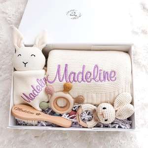 Kaiyue 100% katun rajut selimut bedong baru lahir menerima selimut bayi sendawa Set hadiah pribadi kotak hadiah mandi bayi - Product Image 1