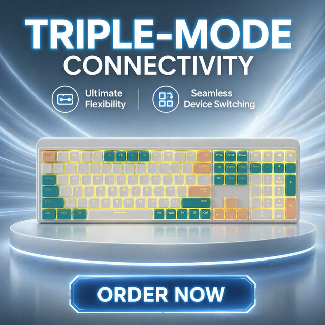 New Triple-Mode 2.4Ghz Wireless Gaming Desktop Keyboard with USB Type-C Charging 110 Keys Membrane RGB Backlit ABS Material